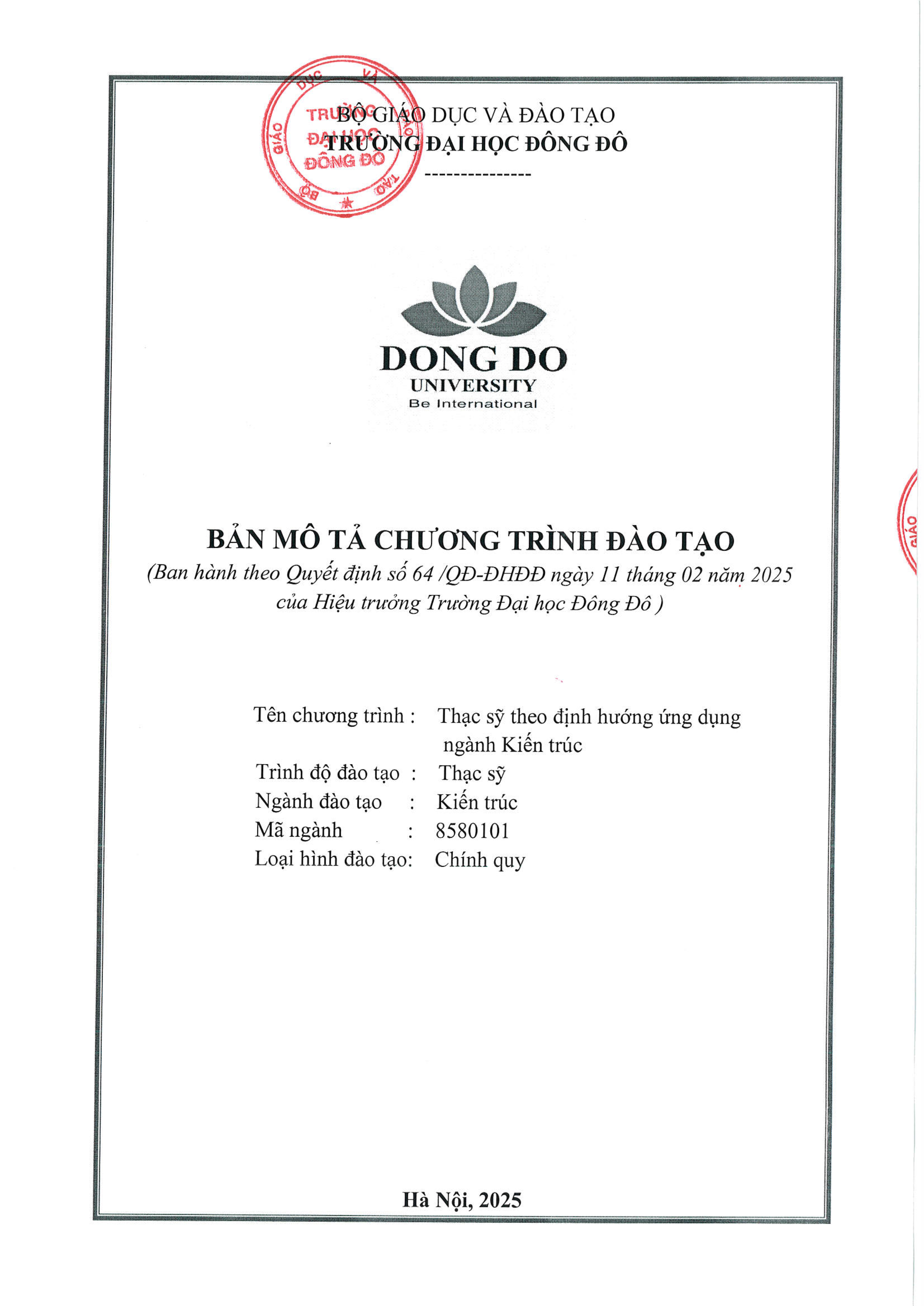 Bản mô tả chương trình đào tạo Thạc sĩ ngành Kiến trúc